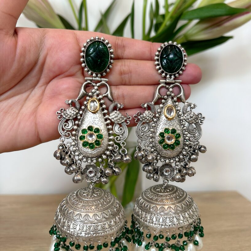 Preeti Silver Jhumka – Green