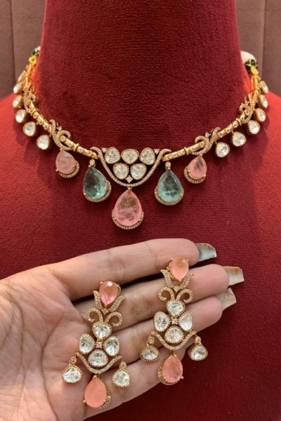 Paalki Necklace Set(Peach-Green)